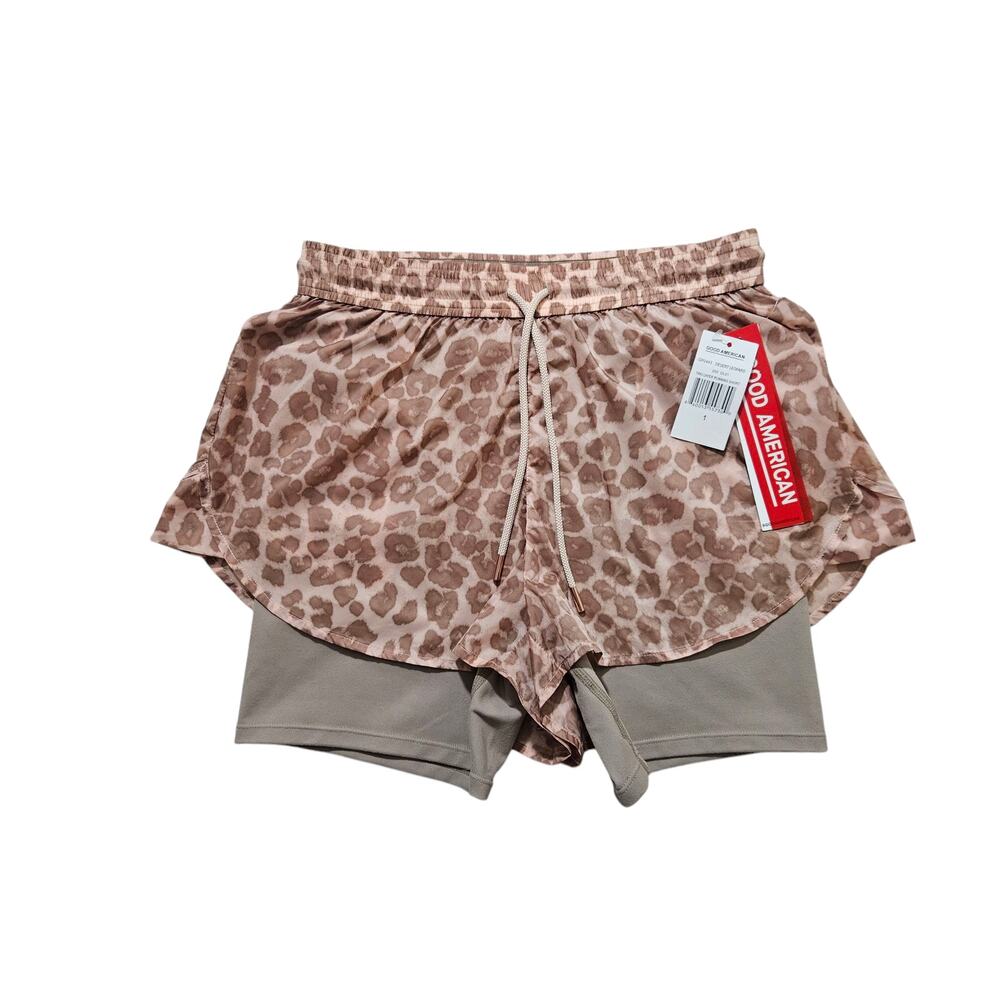 New Good American Active Desert Leopart Two Layer Running Shorts Brown Size 1/S - Picture 2 of 11